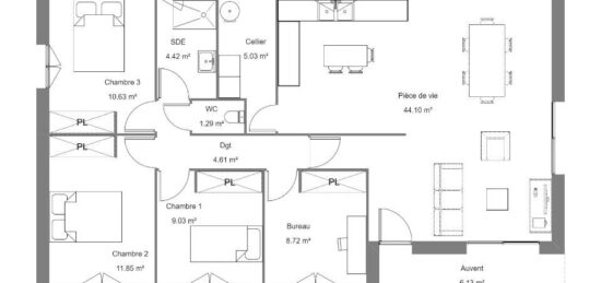 Plan de maison Surface terrain 90 m2 - 4 pièces - 3  chambres -  sans garage 